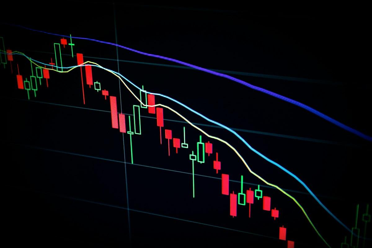 A candlestick price chart on a dark screen